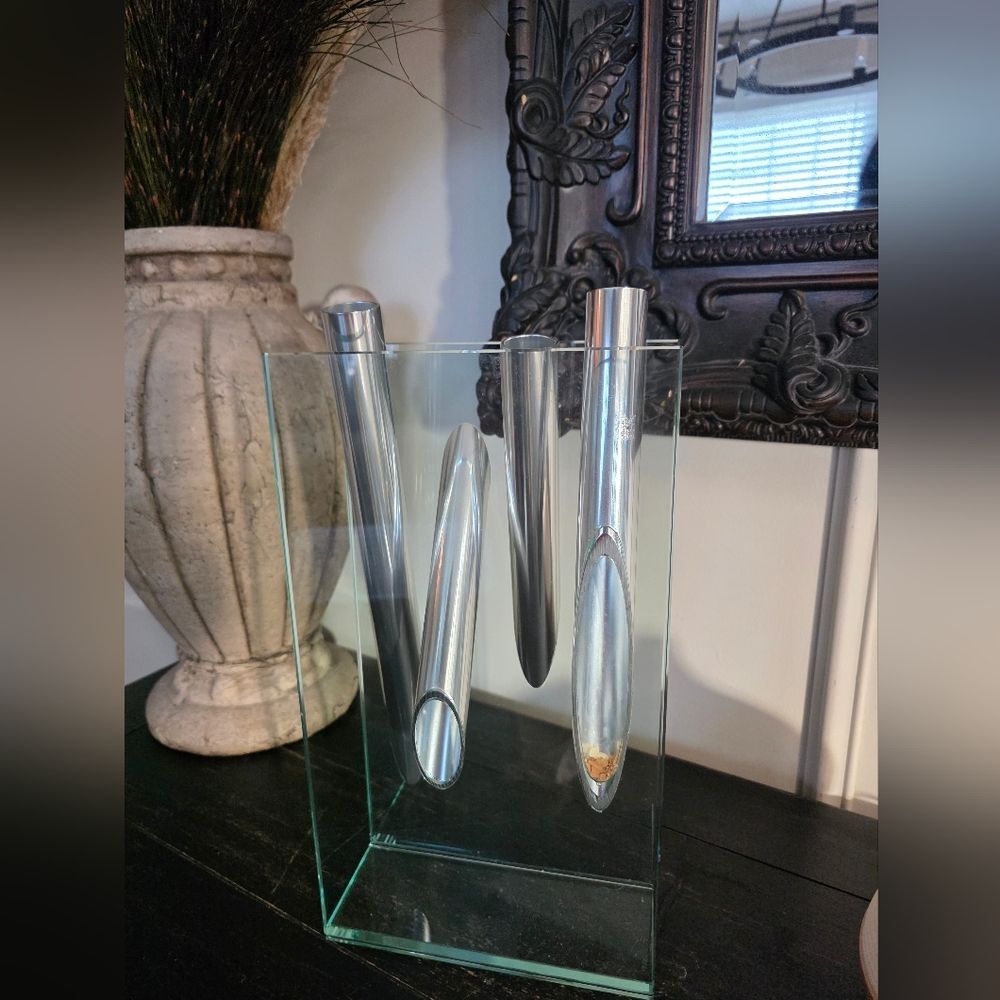Lisa Mori Style VTG Glass Aluminum Abstract Vase Contemporary Modern Art 3 Stem